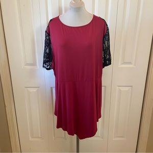 Cranberry Red Top With Black Lace Short Sleeves and Lace Detail on Back sz 4X